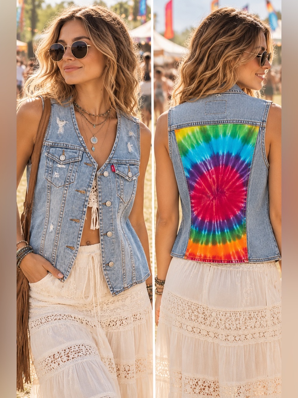 Vintage 2005 Levi’s Distressed Denim Vest Tie Dye Back Panel Size Small (M)